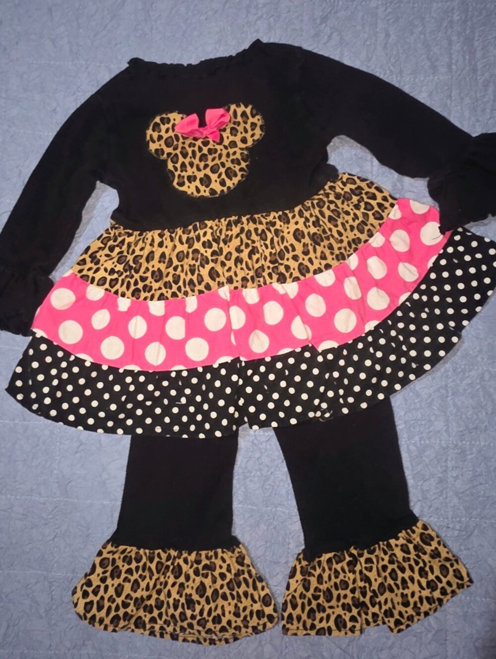 Disney Minnie Mouse Black Leopard & Pink Polka Dot Outfir
